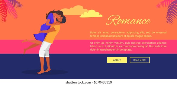 Beautiful romance during summer vacation poster with text vector illustration. Man lifts up and kisses woman on spectacular sunset.