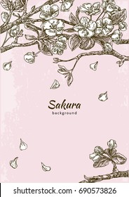 Beautiful romantic background. Branch of sakura. Falling petals of cherry blossoms. Vintage style. Vector illustration.