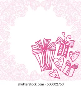 Beautiful romantic card. Hearts and gifts. Vector illustration.