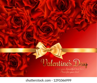 Beautiful romantic card for valentine s day or wedding, red roses background, place for you text with gold ribbon and bow.