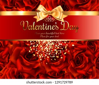 Beautiful romantic card for valentine s day or wedding, red roses background, place for you text with gold ribbon and bow, with shiny heart - shaped confetti