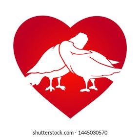 Beautiful romantic clip art with white doves sihouettes in the red heart shape on white background