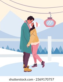 Beautiful romantic couple cuddling outdoors. Man and woman in warm winter clothes kissing outside a mountain resort. Colorful flat vector illustration. 