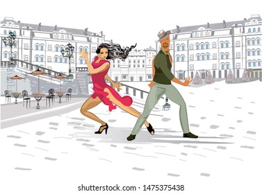 Beautiful romantic couple in passionate Latin American dances in the city. Hand drawn vector illustration.