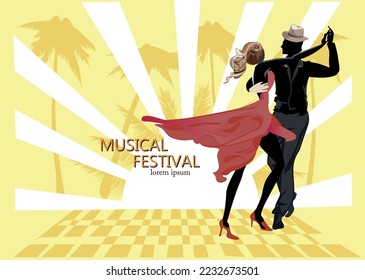 Schönes romantisches Paar in leidenschaftlichen lateinamerikanischen Tänzen. Salsa Festival. Handgezeichneter Posterhintergrund.