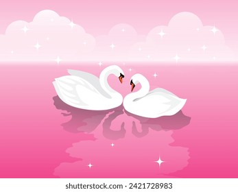 Beautiful romantic couple of white swans on a pink lake with white clouds. Vector illustration for Valentine's Day