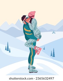 Beautiful romantic couple in winter clothes kissing affectionately. Man and woman in love, having a ski resort date.