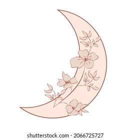 Beautiful romantic crescent moon with rose or peony flowers and leaves. Decorative boho elements. Greeting cards, invitations.