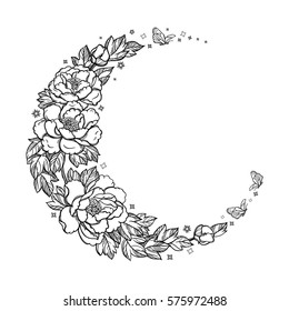 Beautiful romantic crescent moon with rose or peony flowers and leaves. Decorative boho elements. Tattoo design. Greeting cards, invitations. Isolated vector illustration.
