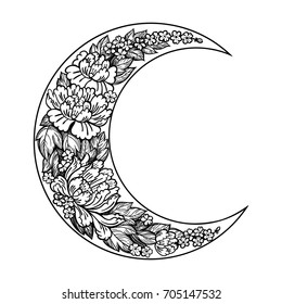 Beautiful romantic crescent moon with rose or peony flowers.