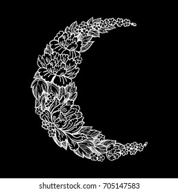 Beautiful romantic crescent moon with rose or peony flowers.