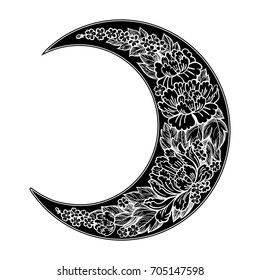 Beautiful romantic crescent moon with rose or peony flowers.