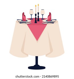 Hermosa cena romántica. Entorno romántico. Mesa reservada para dos personas con manteles, cubiertos, vasos para el vino, velas con candelabros, servilletas, platos, cubiertos, tenedores. Ilustración de dibujos animados