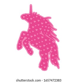Beautiful romantic fantasy illustration with pink unicorn silhouette with heart shapes isolated on the white background
