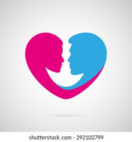 Beautiful romantic female and male silhouette of a head in the form of heart, logo template. To marriage agencies, event decoration, weddings and bridal shops.