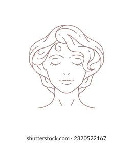 Hermoso retrato romántico femenino con el perfecto cabello de la piel minimalista logotipo de línea para la ilustración vectorial del salón de belleza. Elegante gentil mujer cara icono de cabeza para cosmetología cosmética estilista artista de maquillaje