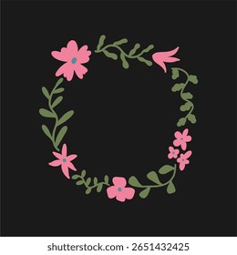 Beautiful romantic floral frame, wreath. Hand drawn vector illustration. Bright flowers and leaves.	