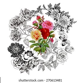 Beautiful romantic floral pattern with colorful roses and butterflies on white background vector illustration