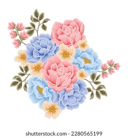 Beautiful romantic flower bouquet arrangement with roses, tulips, lilac floral, peony, poppy, floral bud, and leaf branch vector illustration elements