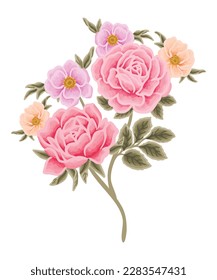 Beautiful romantic flower bouquet arrangement with roses, tulips, lilac floral, peony, poppy, floral bud, and leaf branch vector illustration elements