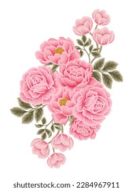 Beautiful romantic flower bouquet arrangement with roses, tulips, lilac floral, peony, poppy, floral bud, and leaf branch vector illustration elements