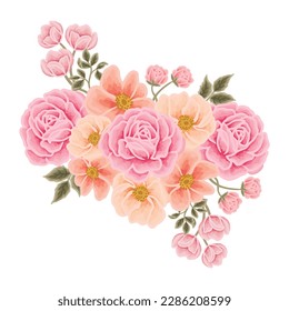 Beautiful romantic flower bouquet arrangement with roses, tulips, lilac floral, peony, poppy, floral bud, and leaf branch vector illustration elements