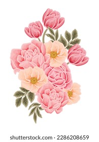 Beautiful romantic flower bouquet arrangement with roses, tulips, lilac floral, peony, poppy, floral bud, and leaf branch vector illustration elements