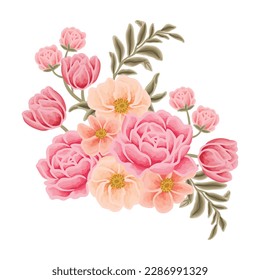 Beautiful romantic flower bouquet arrangement with roses, tulips, lilac floral, peony, poppy, floral bud, and leaf branch vector illustration elements