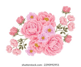 Beautiful romantic flower bouquet arrangement with roses, tulips, lilac floral, peony, poppy, floral bud, and leaf branch vector illustration elements