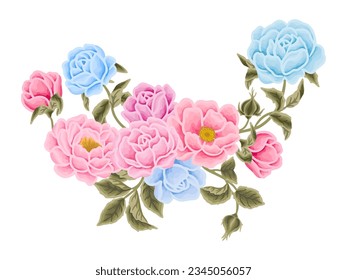 Beautiful romantic flower bouquet arrangement with rose, tulip, lilac, peony, poppy, floral bud, and leaf branch vector illustration elements for card decoration, beauty  and feminine products