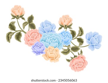 Beautiful romantic flower bouquet arrangement with rose, tulip, lilac, peony, poppy, floral bud, and leaf branch vector illustration elements for card decoration, beauty  and feminine products