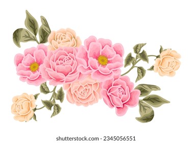 Beautiful romantic flower bouquet arrangement with rose, tulip, lilac, peony, poppy, floral bud, and leaf branch vector illustration elements for wedding card decoration