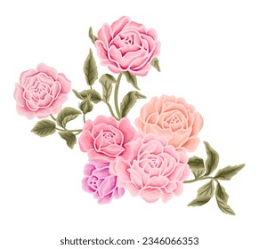 Beautiful romantic flower bouquet arrangement with rose, tulip, lilac, peony, poppy, floral bud, and leaf branch vector illustration elements for wedding card decoration