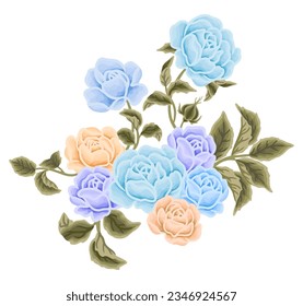 Beautiful romantic flower bouquet arrangement with rose, tulip, lilac, peony, poppy, floral bud, and leaf branch vector illustration elements for wedding card decoration