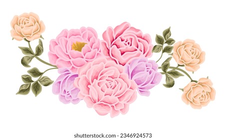 Beautiful romantic flower bouquet arrangement with rose, tulip, lilac, peony, poppy, floral bud, and leaf branch vector illustration elements for wedding card decoration