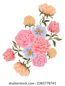 Beautiful romantic flower bouquet arrangement with roses, tulips, lilac floral, peony, poppy, floral bud, and leaf branch vector illustration elements