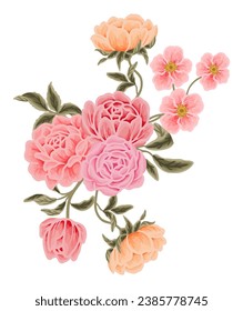 Beautiful romantic flower bouquet arrangement with roses, tulips, lilac floral, peony, poppy, floral bud, and leaf branch vector illustration elements