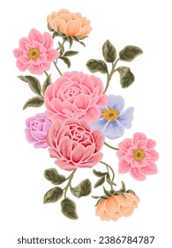 Beautiful romantic flower bouquet arrangement with roses, tulips, lilac floral, peony, poppy, floral bud, and leaf branch vector illustration elements