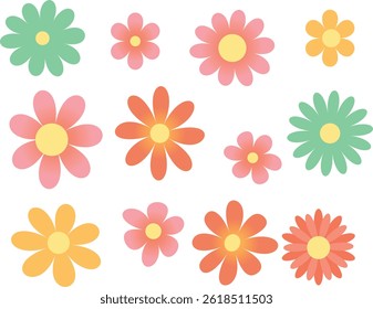 Beautiful romantic flower collection with flower compositions, simple flower.Hippy groovy daisy flowers set. Retro vintage style, hand drawn decorative elements.Flat hand drawn vector collection