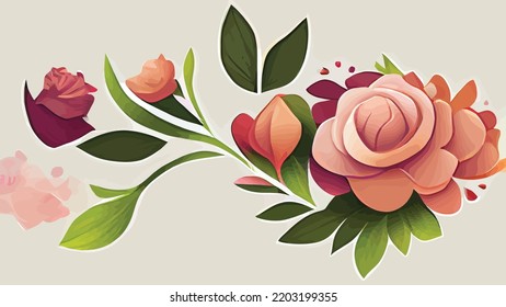 beautiful romantic flower collection with roses leaves