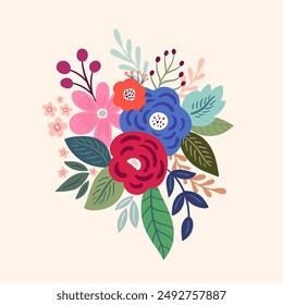 Beautiful romantic flower composition with roses, leaves, and floral bouquets