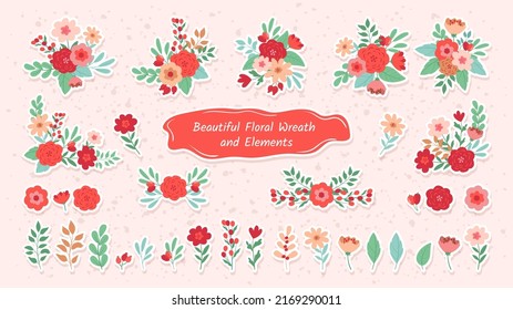 Beautiful romantic flower and floral bouquets collection with individual elements