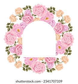 Beautiful romantic flower frame wreath vector illustration with roses, lilac floral, peony, and leaf branch elements in pastel color