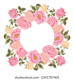 Beautiful romantic flower frame wreath vector illustration with roses, lilac floral, peony, and leaf branch elements in pastel color