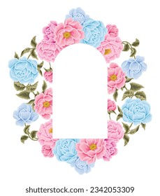 Beautiful romantic flower frame wreath vector illustration with roses, blue floral, peony, and leaf branch elements in pastel color