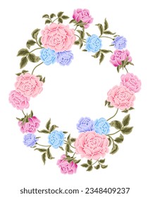 Beautiful romantic flower frame wreath vector illustration with roses, lilac floral, peony, and leaf branch elements in pastel color