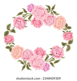 Beautiful romantic flower frame wreath vector illustration with roses, lilac floral, peony, and leaf branch elements in pastel color