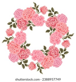 Beautiful romantic flower frame wreath with roses, lilac floral, peony, poppy and leaf branch vector illustration elements