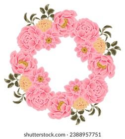 Beautiful romantic flower frame wreath with roses, lilac floral, peony, poppy and leaf branch vector illustration elements