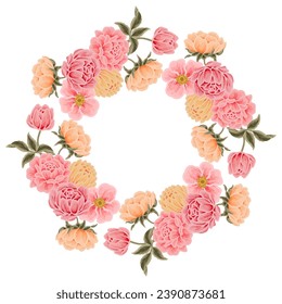 Beautiful romantic flower frame wreath with roses, lilac floral, peony, poppy and leaf branch vector illustration elements